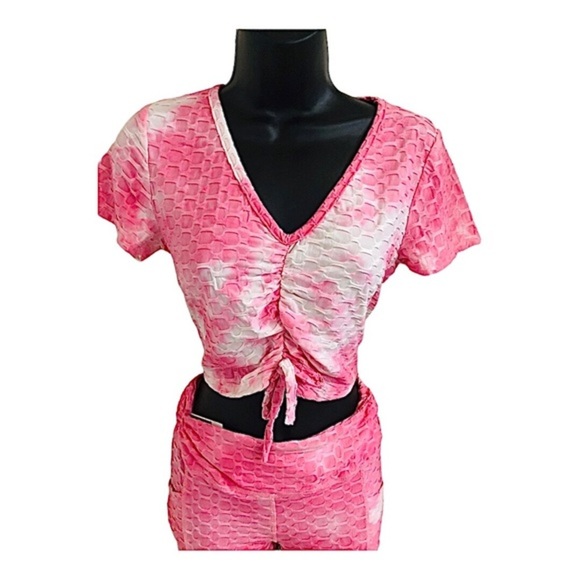 2 piece pink white v-neck printed crop top & booty shaping shorts set - Picture 5 of 15